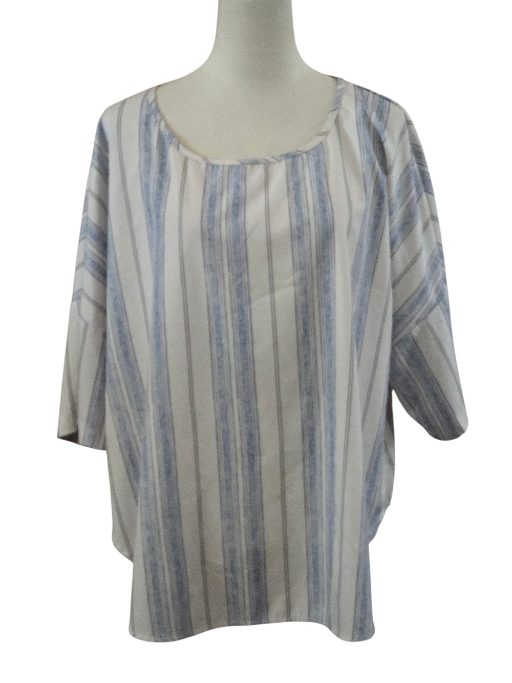Shein Curve Women's 2XL White Blue Stripe Scoop Neck Blouse Wide Dolman Sleeves